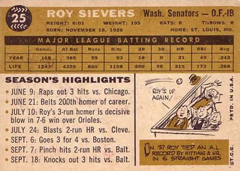 Roy Sievers  baseball card collectible - Main Image 2