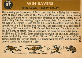 Win-Savers (Turk Lown / Gerry Staley)  baseball card collectible - Main Image 2