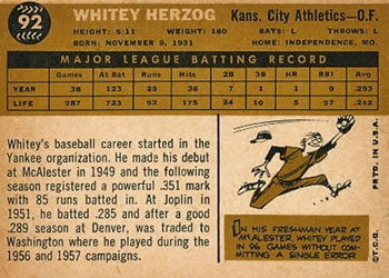 Whitey Herzog  baseball card collectible - Main Image 2