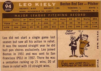 Leo Kiely  baseball card collectible - Main Image 2
