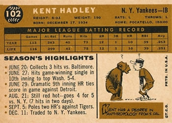 Kent Hadley  baseball card collectible - Main Image 2