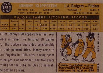 Johnny Klippstein  baseball card collectible - Main Image 2