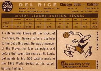 Del Rice  baseball card collectible - Main Image 2