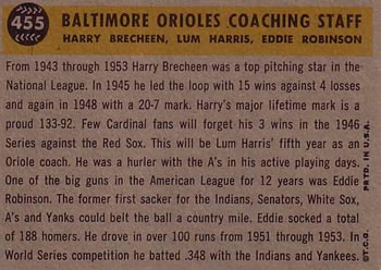 Baltimore Orioles Coaches (Eddie Robinson / Harry Brecheen / Lum Harris)  baseball card collectible - Main Image 2