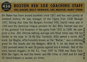 Boston Red Sox Coaches (Rudy York / Billy Herman / Sal Maglie / Del Baker)  baseball card collectible - Main Image 2