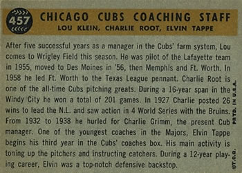 Chicago Cubs Coaches (Charlie Root / Lou Klein / Elvin Tappe)  baseball card collectible - Main Image 2
