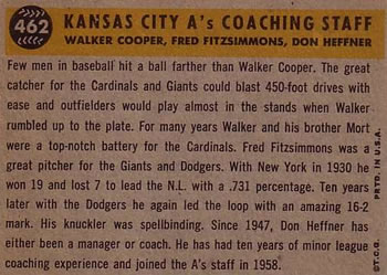 Kansas City A’s Coaches (Fred Fitzsimmons / Don Heffner / Walker Cooper)  baseball card collectible - Main Image 2