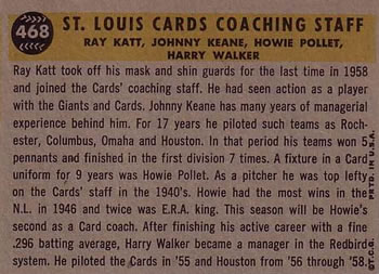 St. Louis Cards Coaches (Johnny Keane / Howie Pollet / Ray Katt / Harry Walker)  baseball card collectible - Main Image 2