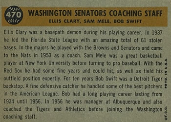 Wash. Senators Coaches (Bob Swift / Ellis Clary / Sam Mele)  baseball card collectible - Main Image 2