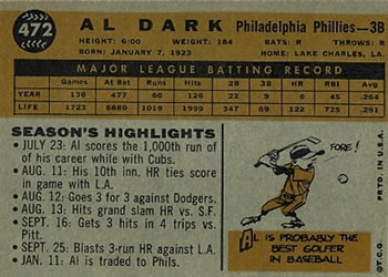 Al Dark  baseball card collectible - Main Image 2