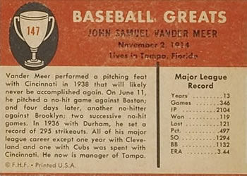 Johnny Vander Meer  baseball card collectible - Main Image 2