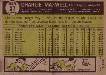 Charlie Maxwell  baseball card collectible - Main Image 2