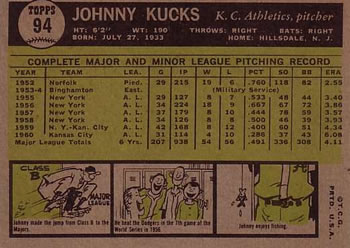 Johnny Kucks  baseball card collectible - Main Image 2