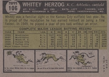 Whitey Herzog  baseball card collectible - Main Image 2