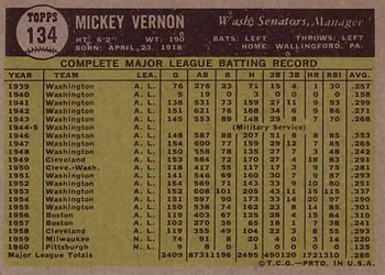 Mickey Vernon  baseball card collectible - Main Image 2
