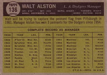 Walt Alston  baseball card collectible - Main Image 2