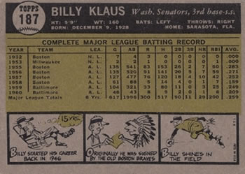 Billy Klaus  baseball card collectible - Main Image 2