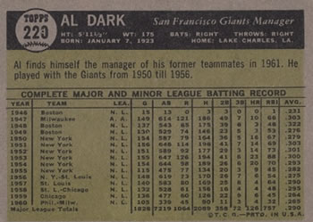 Al Dark  baseball card collectible - Main Image 2