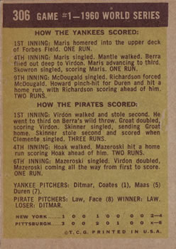 1960 World Series Game #1 - Virdon Saves Game  baseball card collectible - Main Image 2