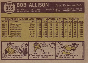 Bob Allison  baseball card collectible - Main Image 2