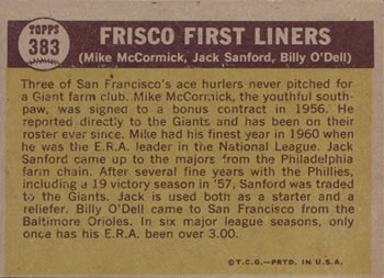 Frisco First Liners (Mike McCormick / Billy O’Dell / Jack Sanford)  baseball card collectible - Main Image 2
