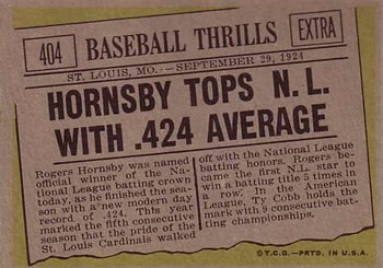 Hornsby Tops NL With .424 Average  baseball card collectible - Main Image 2