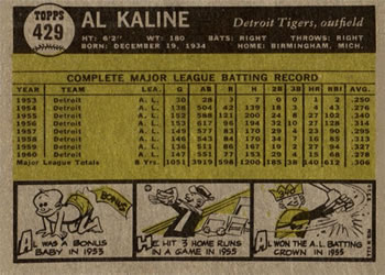 Al Kaline  baseball card collectible - Main Image 2