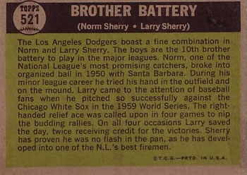 Brother Battery (Norm Sherry / Larry Sherry)  baseball card collectible - Main Image 2
