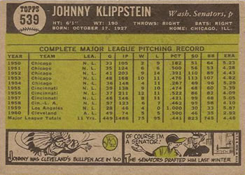 Johnny Klippstein  baseball card collectible - Main Image 2