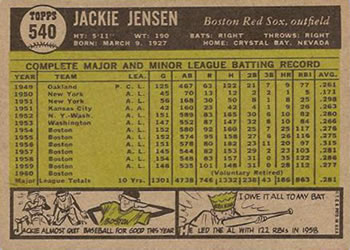 Jackie Jensen  baseball card collectible - Main Image 2