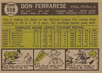 Don Ferrarese  baseball card collectible - Main Image 2