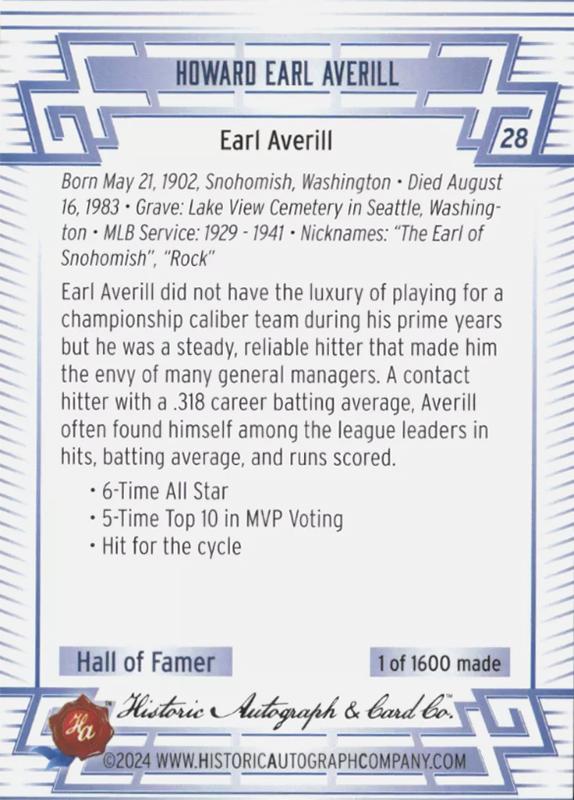Earl Averill  baseball card collectible - Main Image 2