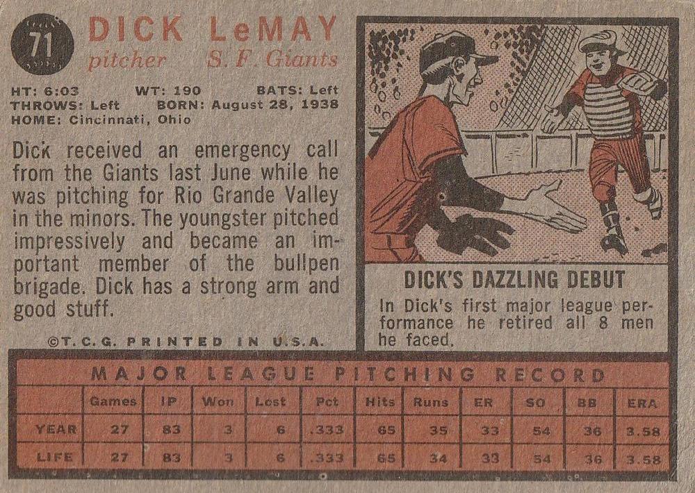 Dick LeMay  baseball card collectible - Main Image 2