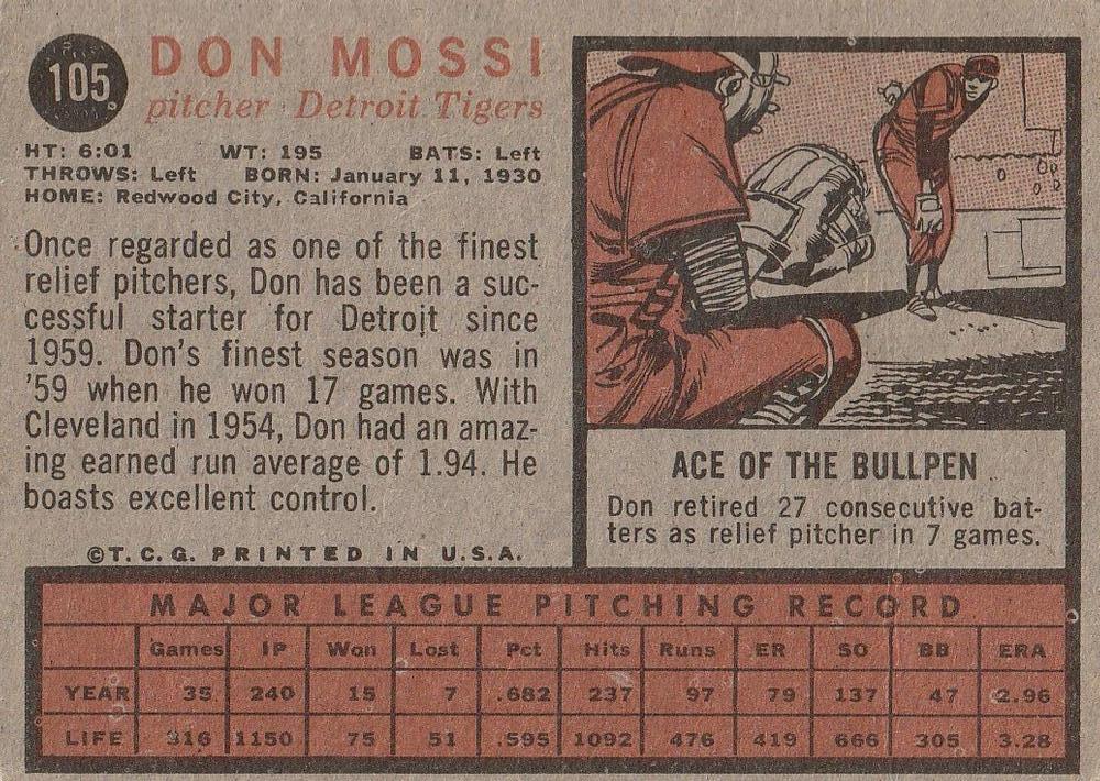 Don Mossi  baseball card collectible - Main Image 2