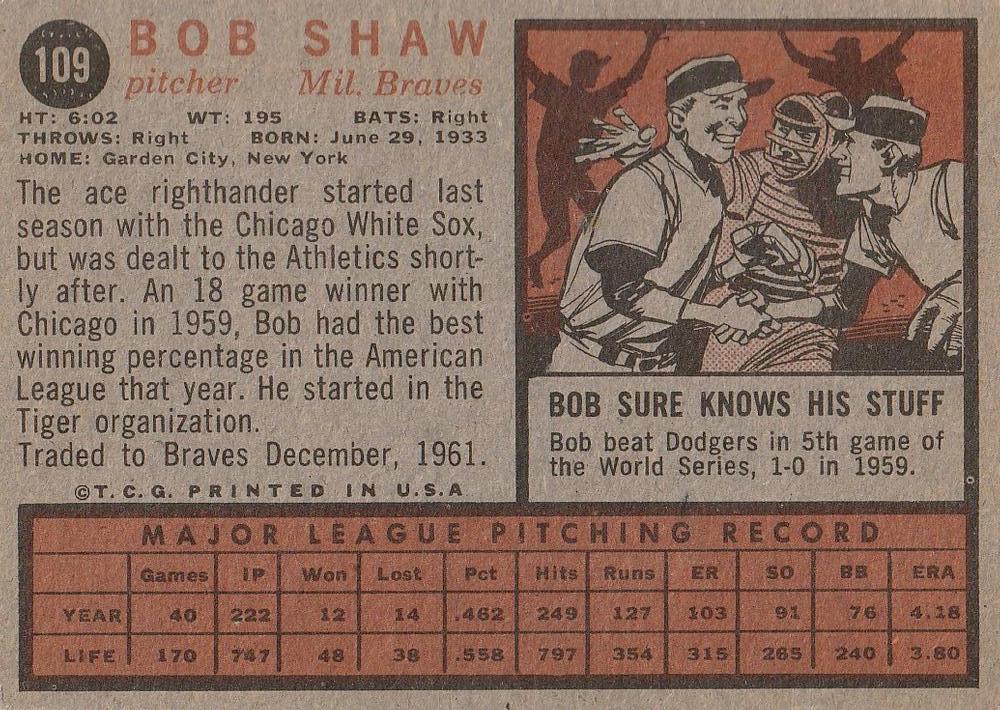 Bob Shaw  baseball card collectible - Main Image 2