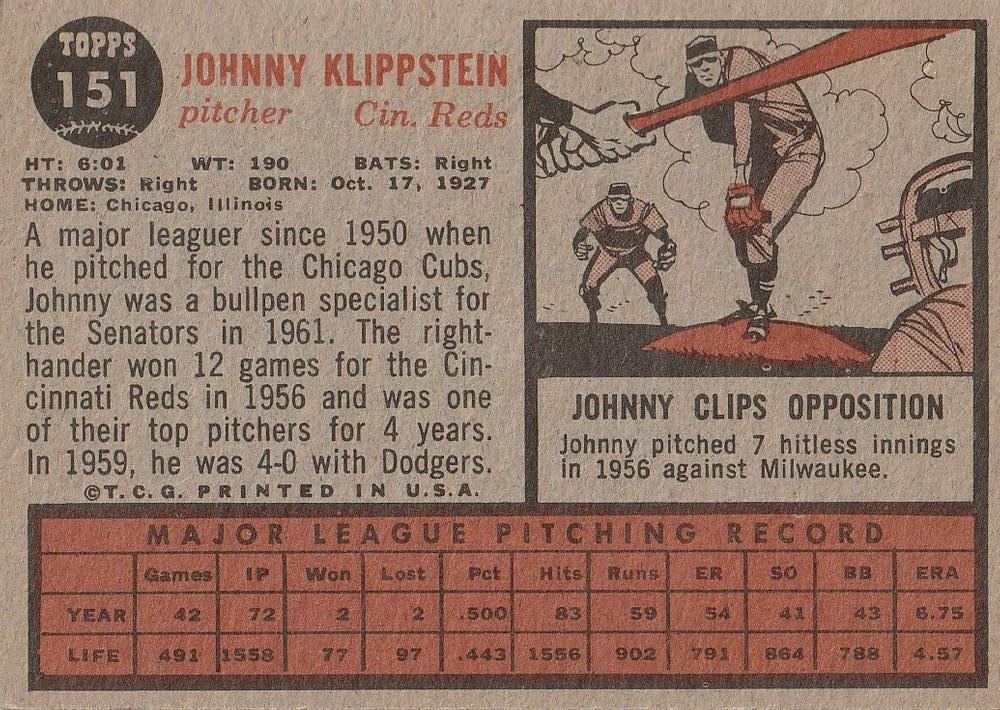 Johnny Klippstein  baseball card collectible - Main Image 2