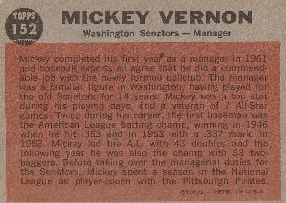 Mickey Vernon  baseball card collectible - Main Image 2