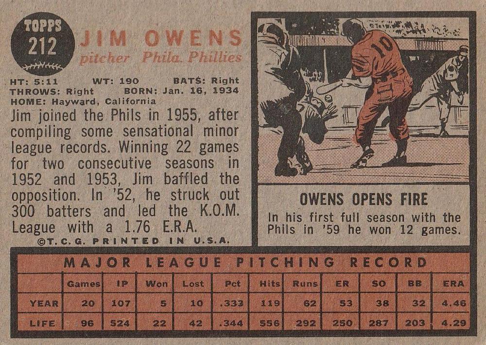 Jim Owens  baseball card collectible - Main Image 2