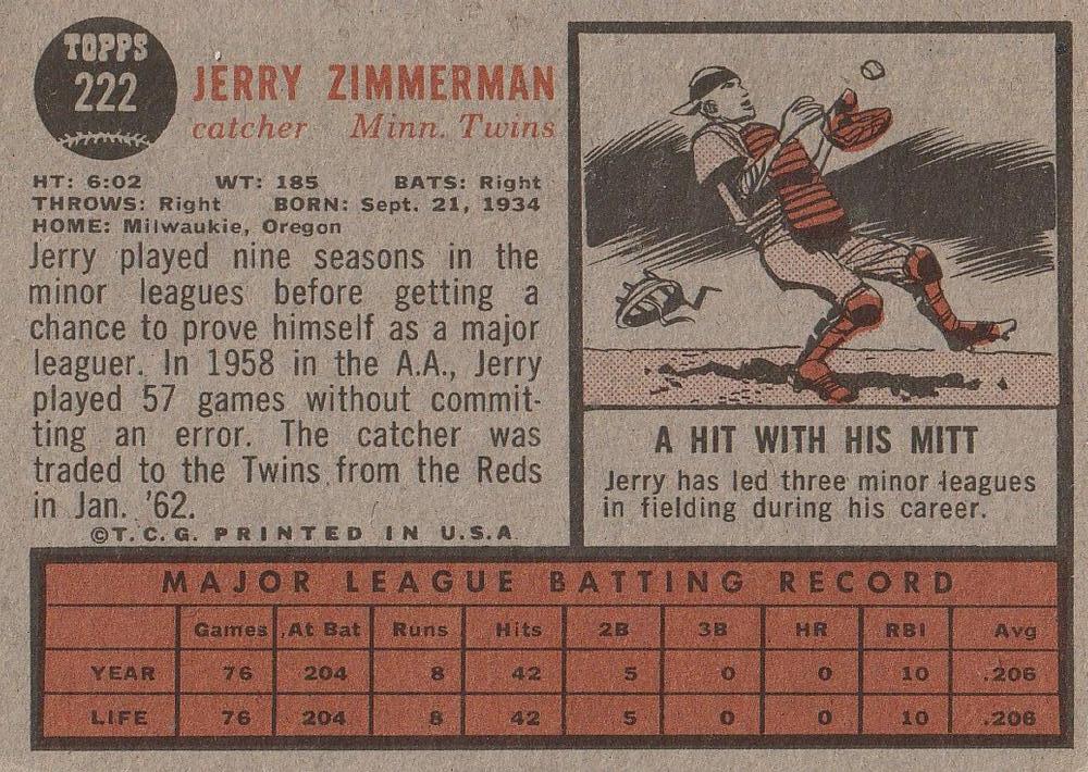 Jerry Zimmerman  baseball card collectible - Main Image 2