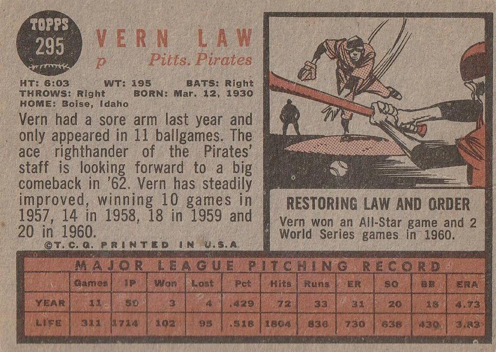 Vern Law  baseball card collectible - Main Image 2