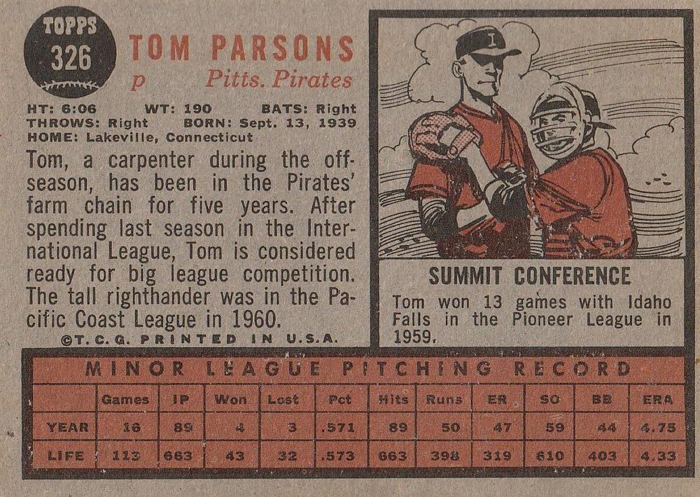 Tom Parsons  baseball card collectible - Main Image 2