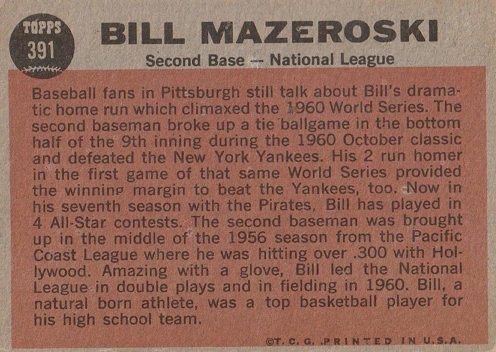 Bill Mazeroski  baseball card collectible - Main Image 2