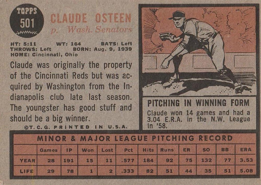 Claude Osteen  baseball card collectible - Main Image 2