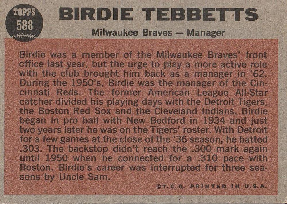 Birdie Tebbetts  baseball card collectible - Main Image 2