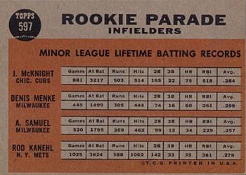 Rookie Parade Infielders (Jim McKnight / Denis Menke / Amado Samuel / Rod Kanehl)  baseball card collectible - Main Image 2