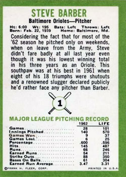 Steve Barber  baseball card collectible - Main Image 2