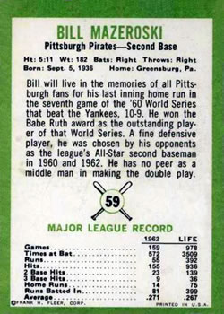 Bill Mazeroski  baseball card collectible - Main Image 2