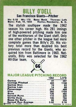 Billy O’Dell  baseball card collectible - Main Image 2