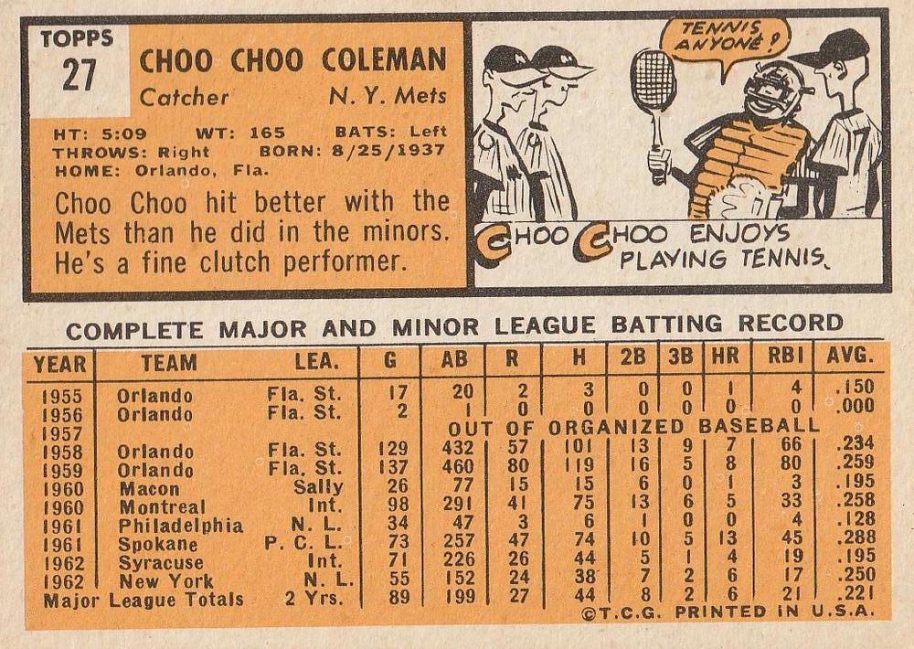 Choo Choo Coleman  baseball card collectible - Main Image 2