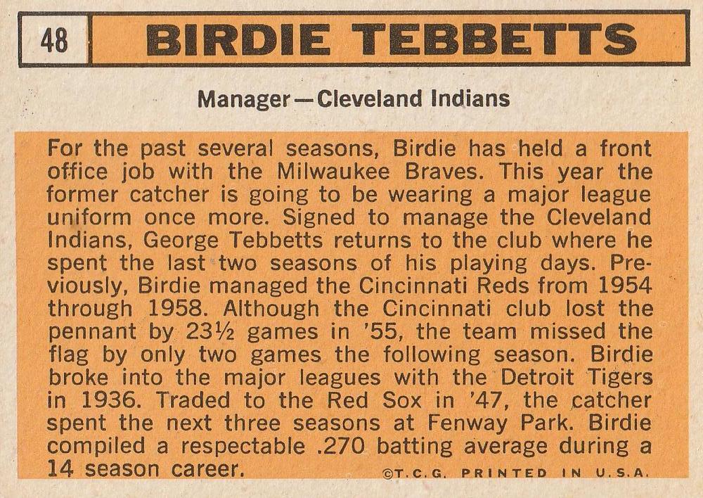 Birdie Tebbetts  baseball card collectible - Main Image 2